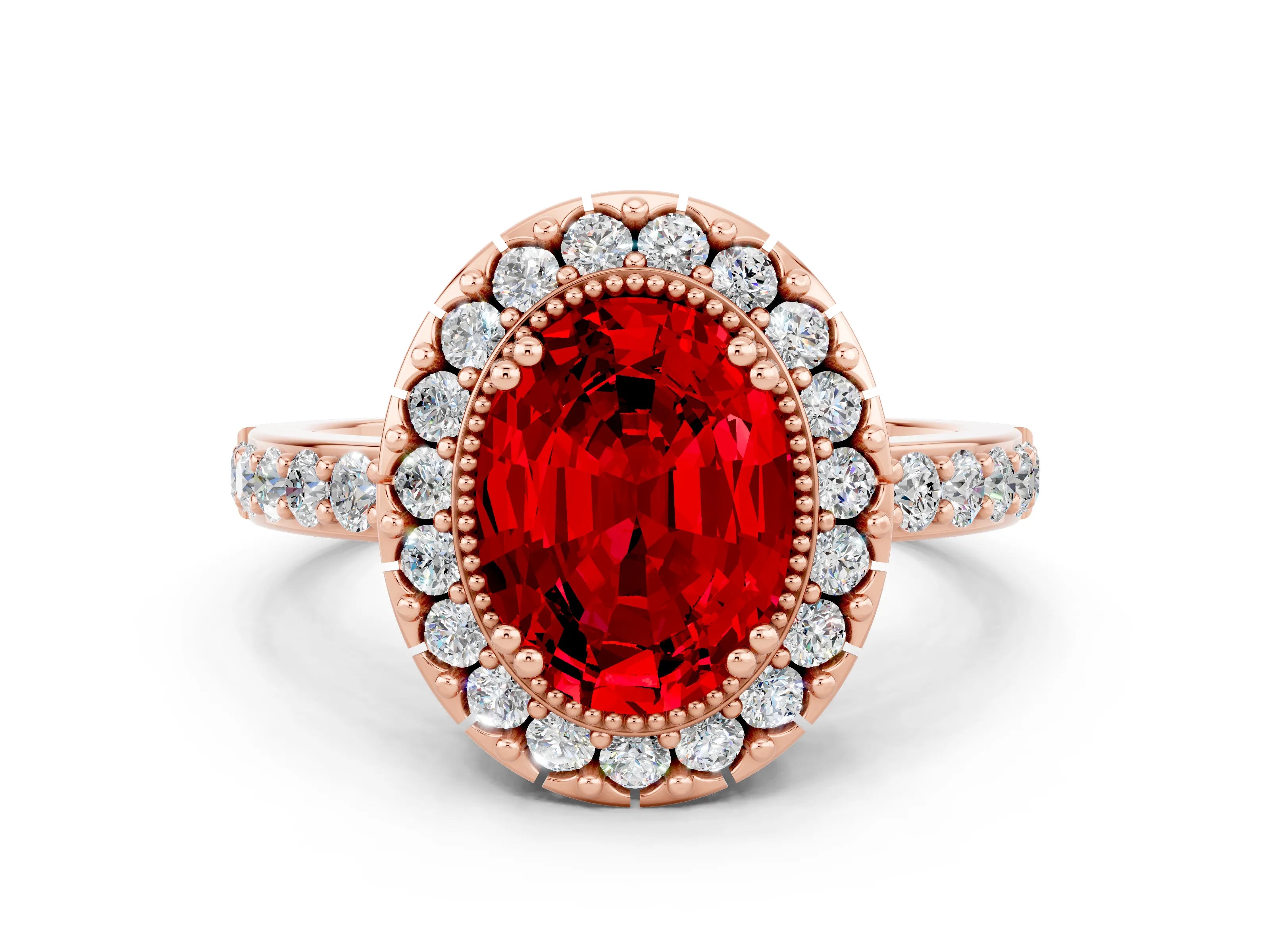 Rose gold Oval Cut Ruby Halo Ring with Pavé Band and Prong Setting