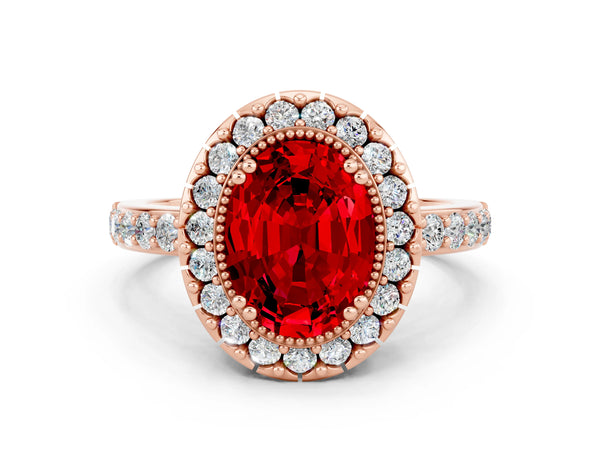 Rose gold Oval Cut Ruby Halo Ring with Pavé Band and Prong Setting