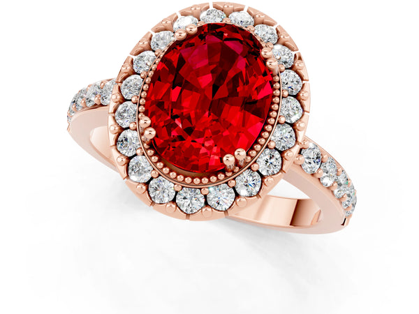 Rose gold Oval Cut Ruby Halo Ring with Pavé Band and Prong Setting