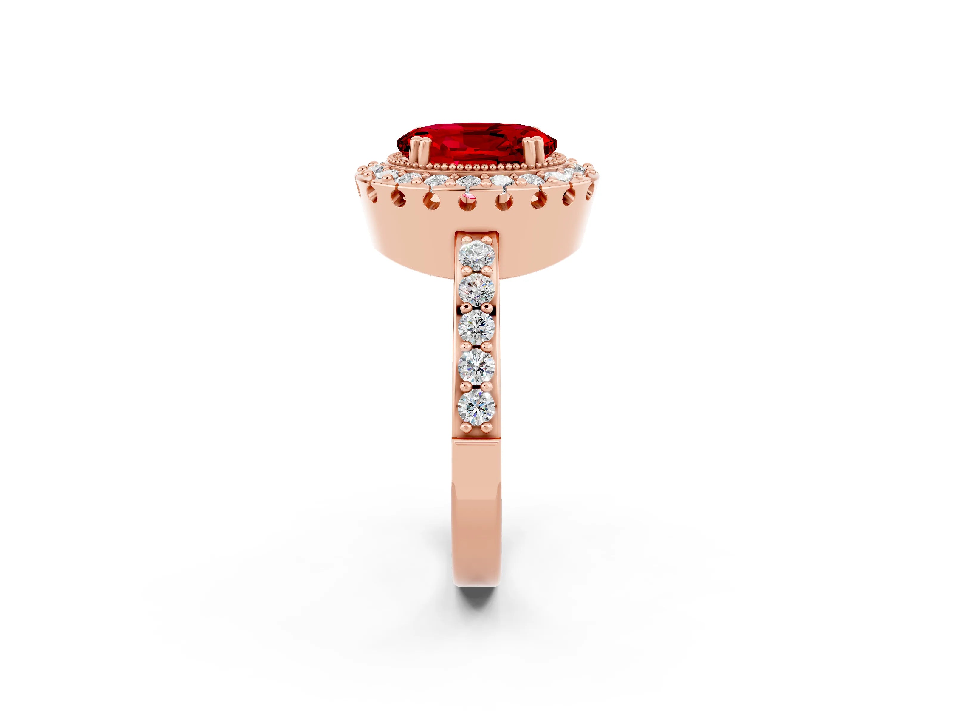 Rose gold Oval Cut Ruby Halo Ring with Pavé Band and Prong Setting_2