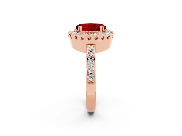 Rose gold Oval Cut Ruby Halo Ring with Pavé Band and Prong Setting