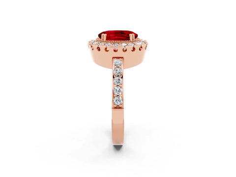 Rose gold Oval Cut Ruby Halo Ring with Pavé Band and Prong Setting_2