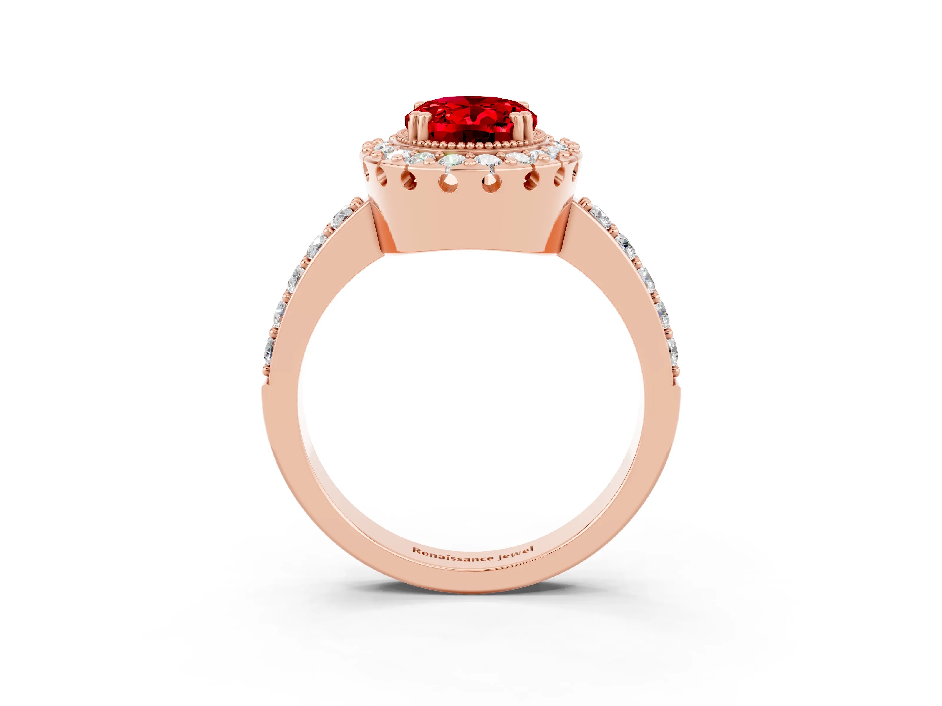 Rose gold Oval Cut Ruby Halo Ring with Pavé Band and Prong Setting_3