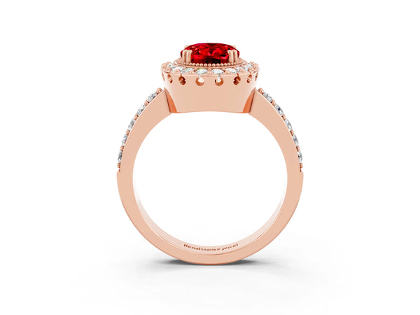 Rose gold Oval Cut Ruby Halo Ring with Pavé Band and Prong Setting