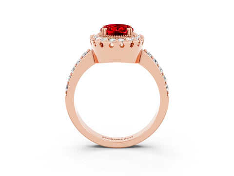 Rose gold Oval Cut Ruby Halo Ring with Pavé Band and Prong Setting_3