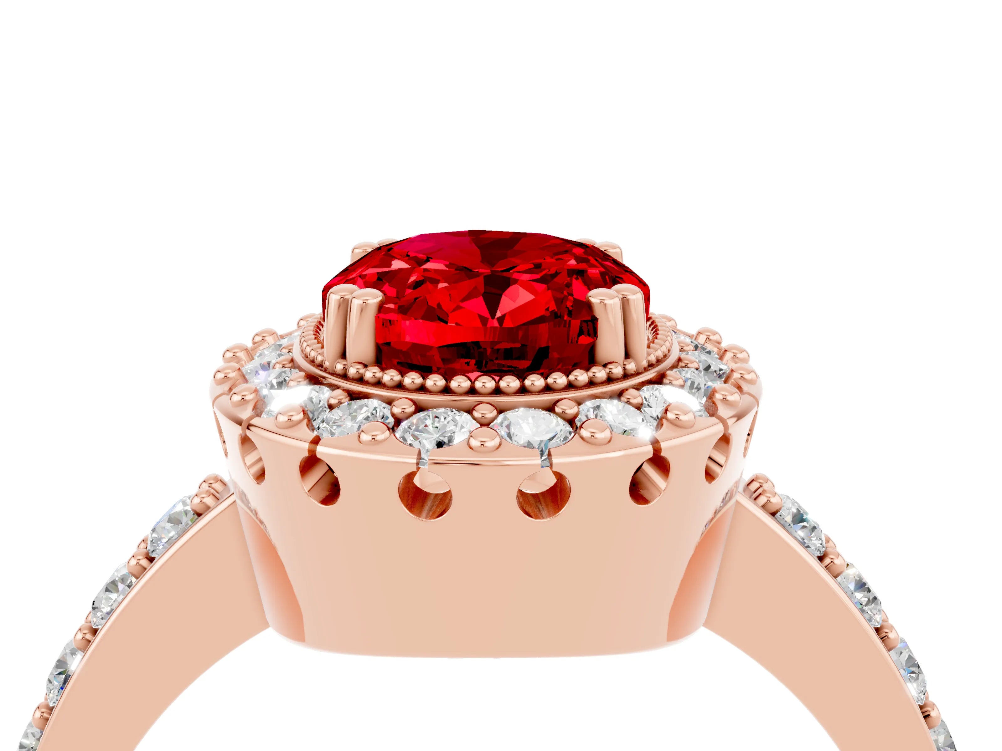 Rose gold Oval Cut Ruby Halo Ring with Pavé Band and Prong Setting_4