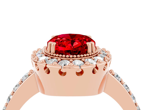 Rose gold Oval Cut Ruby Halo Ring with Pavé Band and Prong Setting_4