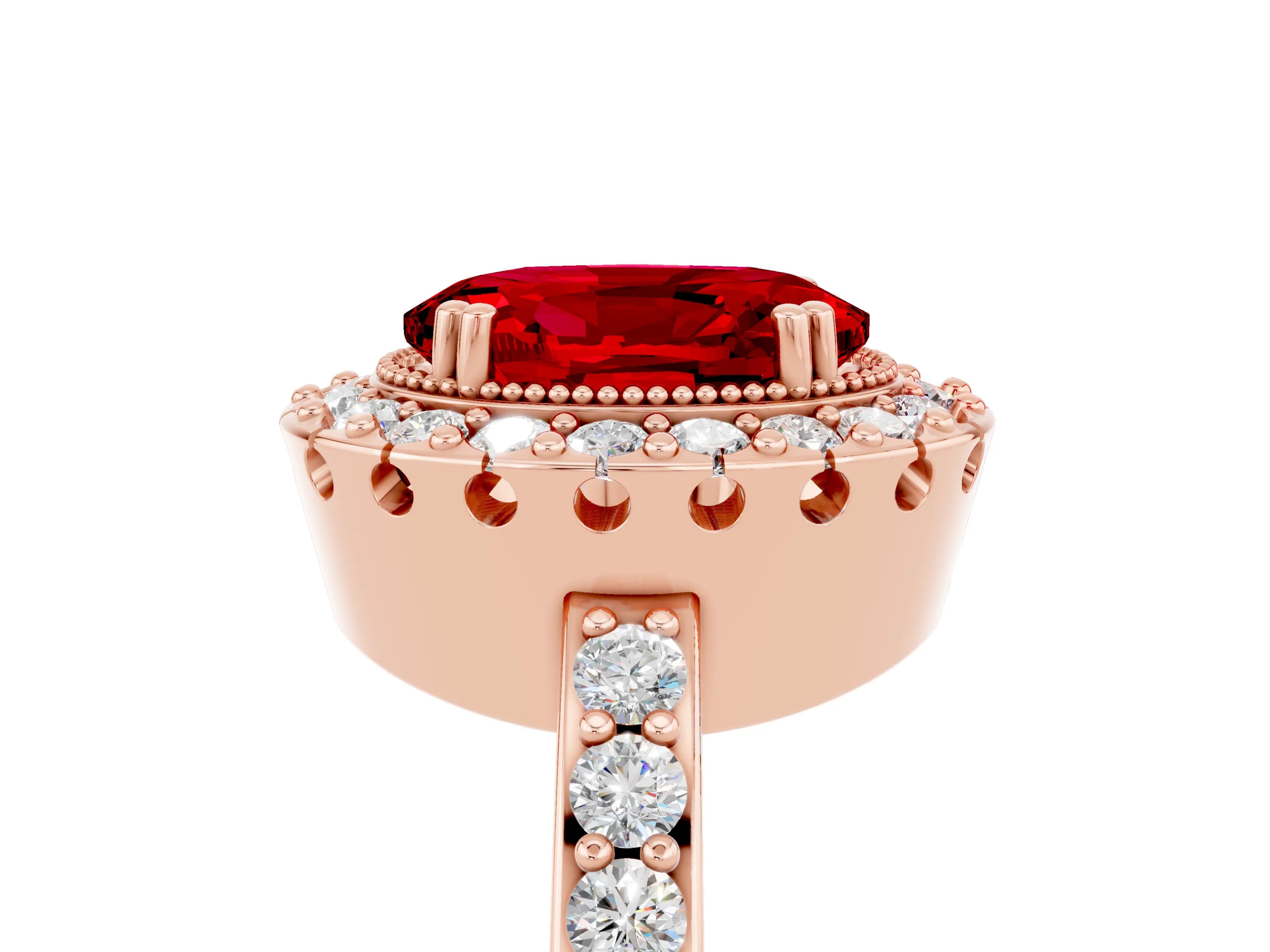 Rose gold Oval Cut Ruby Halo Ring with Pavé Band and Prong Setting_5