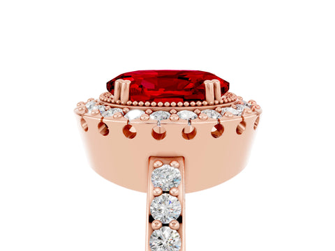 Rose gold Oval Cut Ruby Halo Ring with Pavé Band and Prong Setting_5