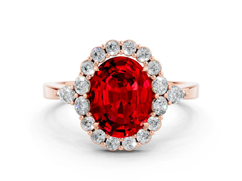 Rose gold Oval Cut Ruby Halo Ring with Pear Side Stones and Prong Setting_12