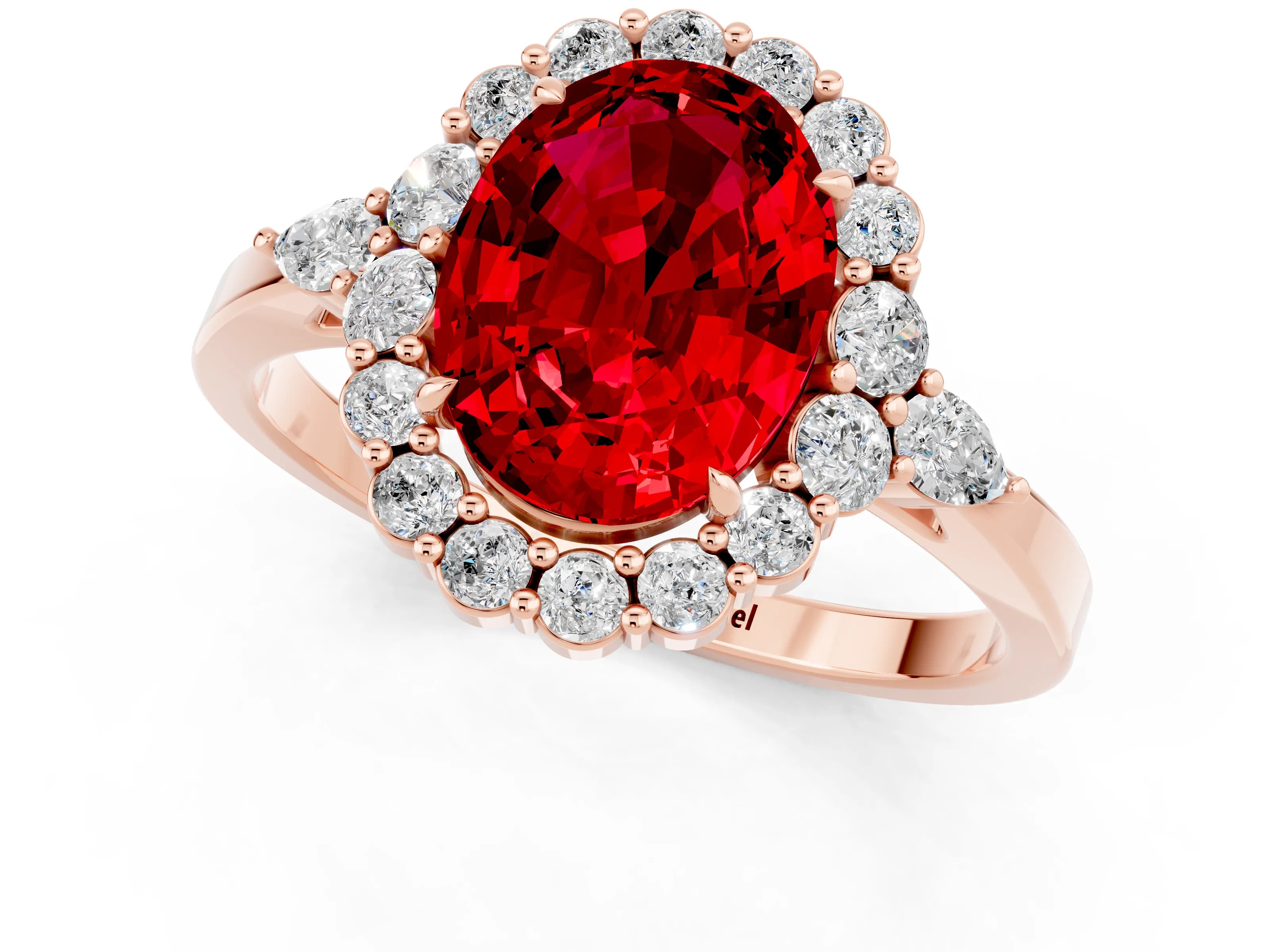 Rose gold Oval Cut Ruby Halo Ring with Pear Side Stones and Prong Setting_13