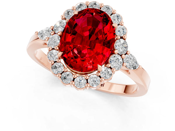 Rose gold Oval Cut Ruby Halo Ring with Pear Side Stones and Prong Setting