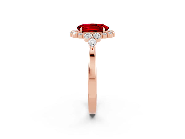 Rose gold Oval Cut Ruby Halo Ring with Pear Side Stones and Prong Setting