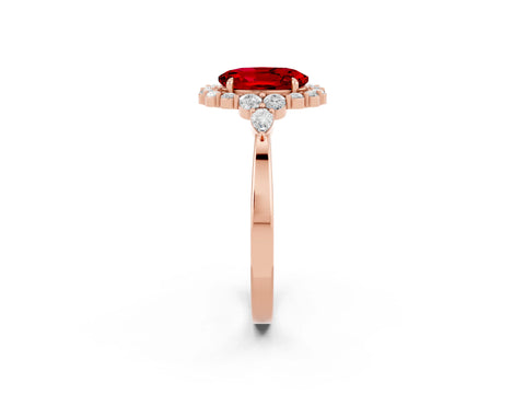 Rose gold Oval Cut Ruby Halo Ring with Pear Side Stones and Prong Setting_14