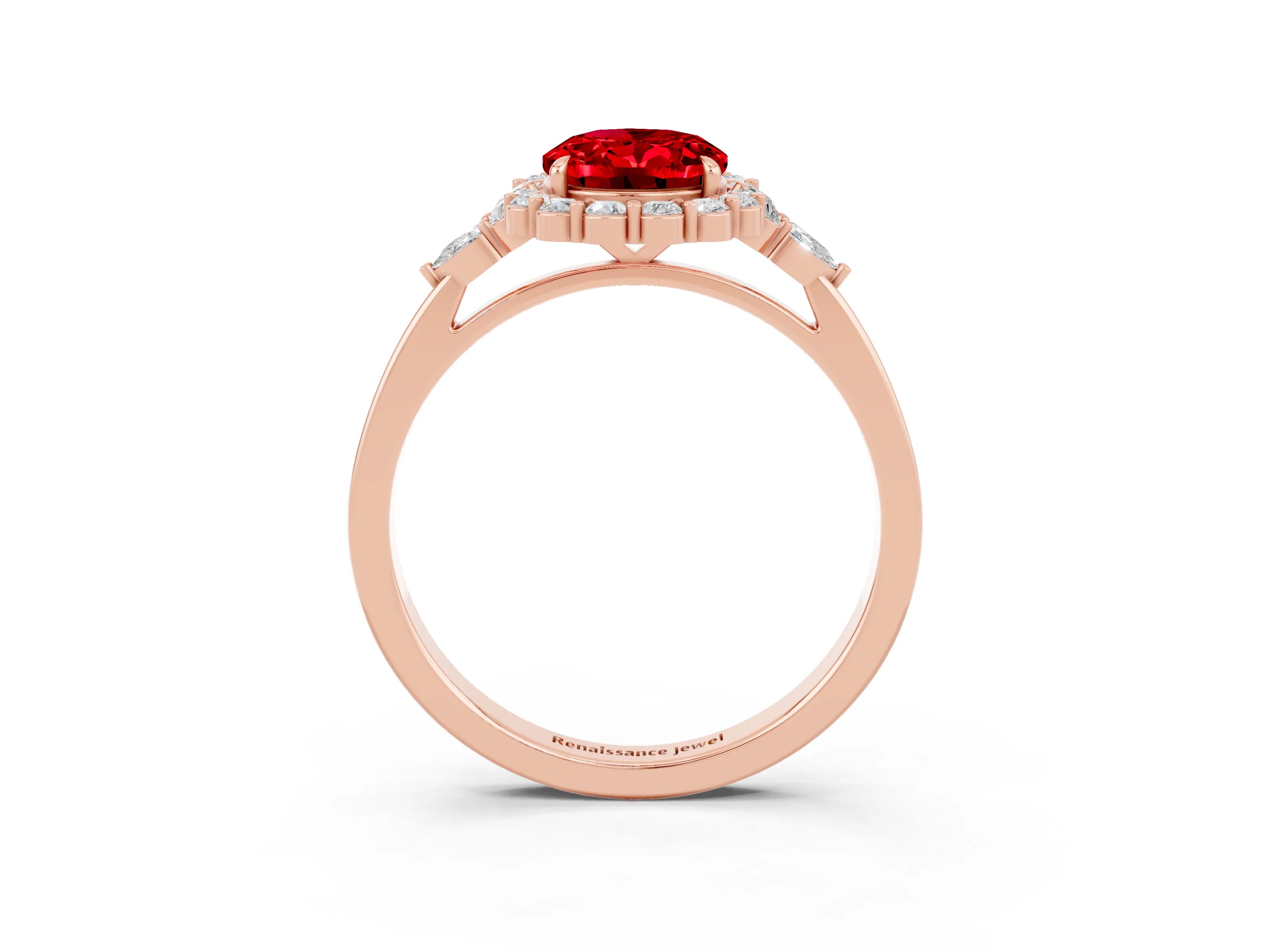 Rose gold Oval Cut Ruby Halo Ring with Pear Side Stones and Prong Setting_15