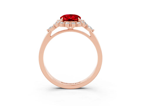 Rose gold Oval Cut Ruby Halo Ring with Pear Side Stones and Prong Setting_15