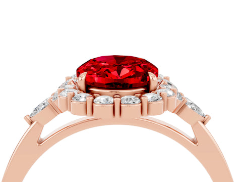 Rose gold Oval Cut Ruby Halo Ring with Pear Side Stones and Prong Setting_16