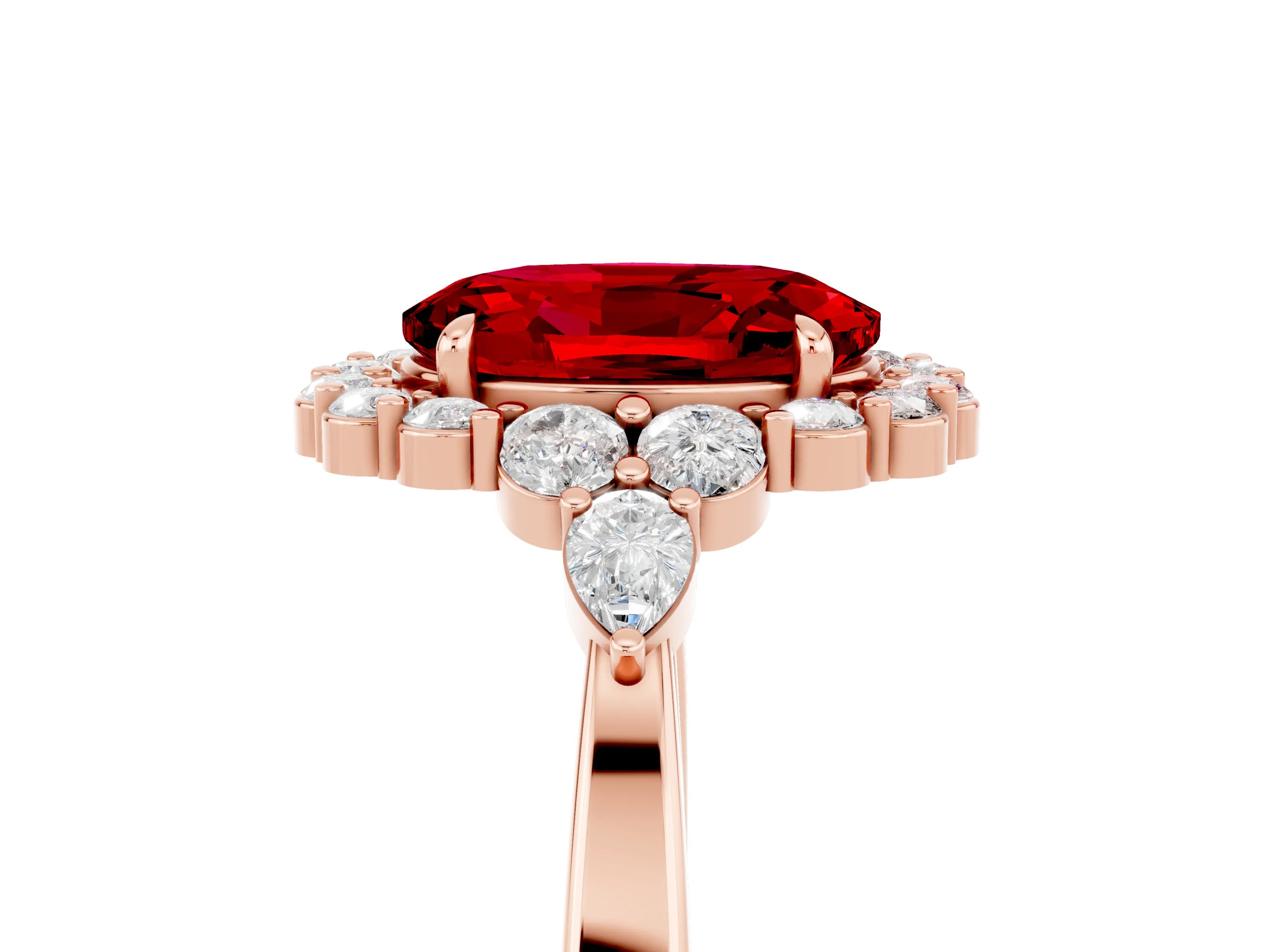 Rose gold Oval Cut Ruby Halo Ring with Pear Side Stones and Prong Setting_17