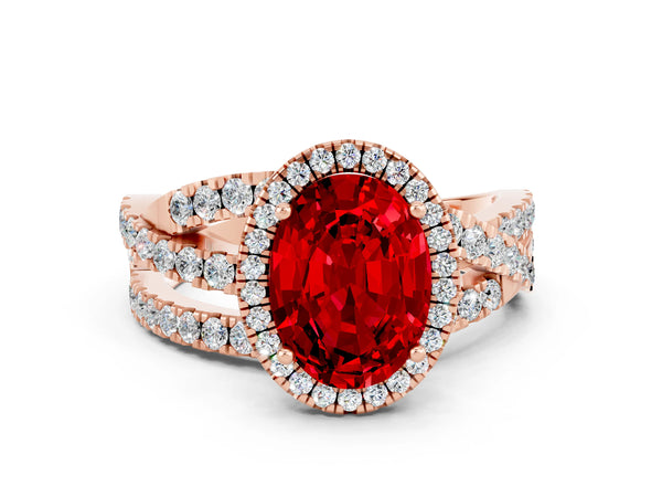 Rose gold Oval Cut Ruby Halo Ring with Round Split Shank and Prong Setting