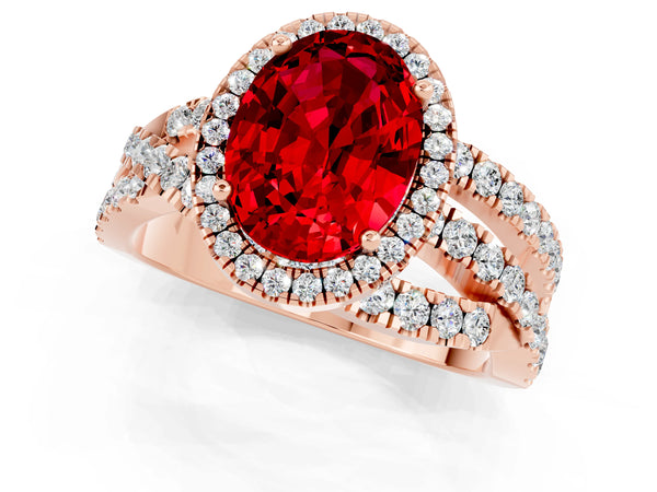 Rose gold Oval Cut Ruby Halo Ring with Round Split Shank and Prong Setting