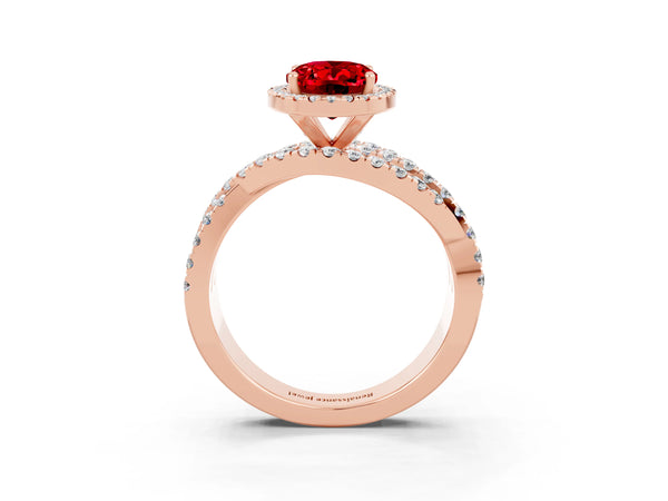 Rose gold Oval Cut Ruby Halo Ring with Round Split Shank and Prong Setting