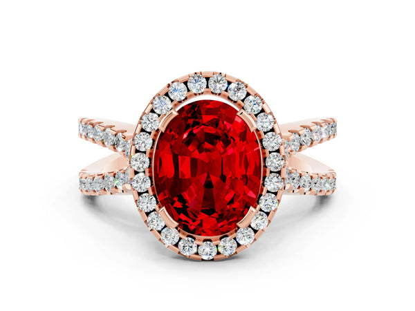 Rose gold Oval Cut Ruby Halo Ring with Split Shank Pavé Band and Prong Setting