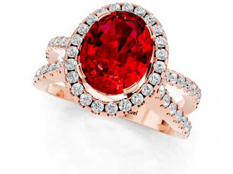 Rose gold Oval Cut Ruby Halo Ring with Split Shank Pavé Band and Prong Setting_1