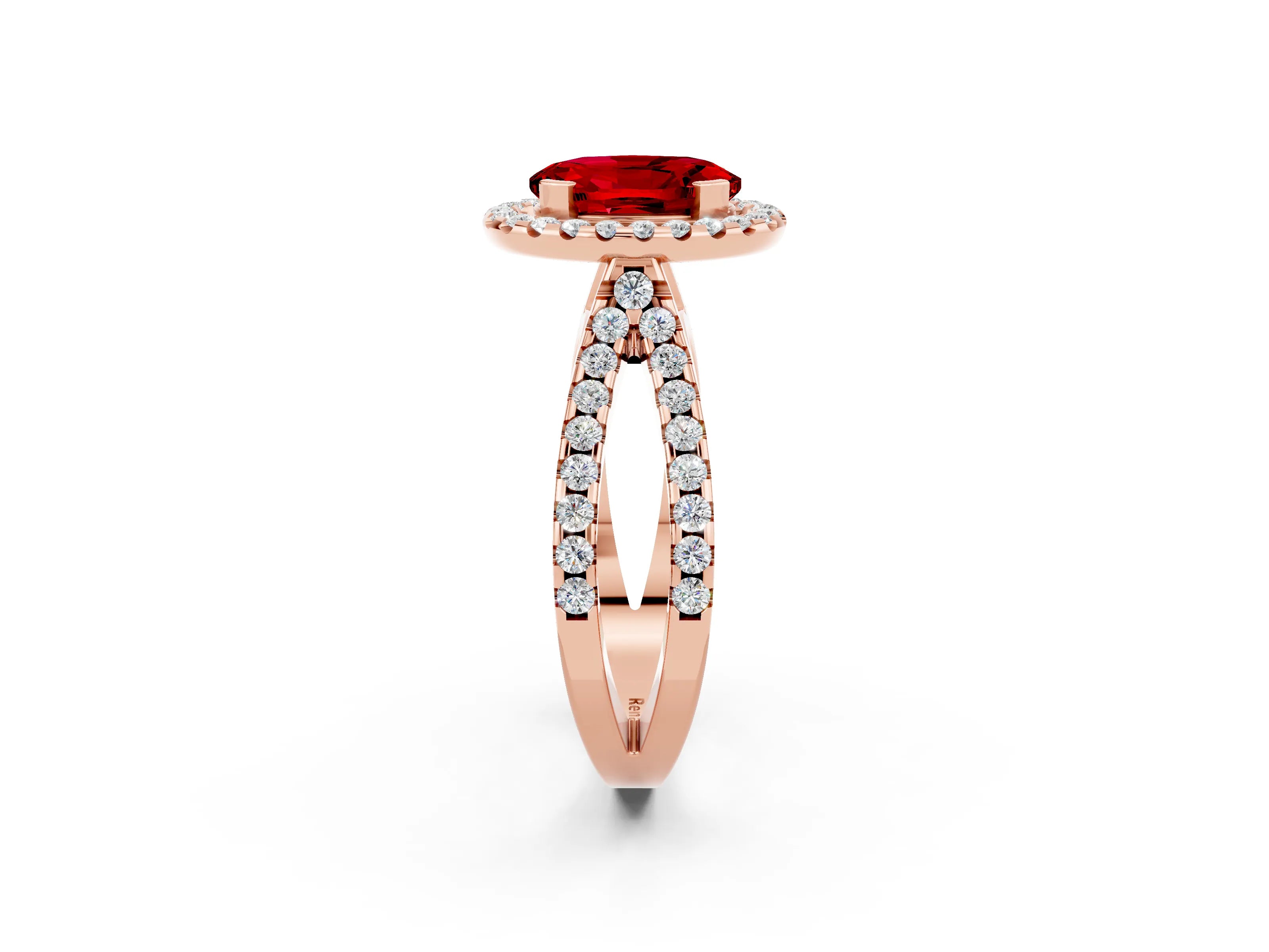 Rose gold Oval Cut Ruby Halo Ring with Split Shank Pavé Band and Prong Setting_2