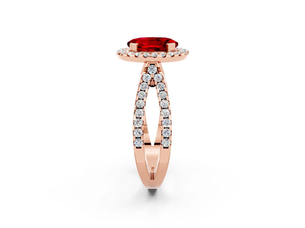Rose gold Oval Cut Ruby Halo Ring with Split Shank Pavé Band and Prong Setting