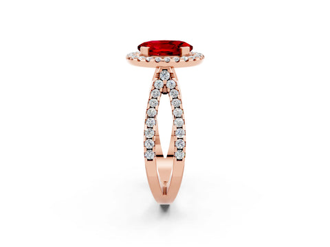 Rose gold Oval Cut Ruby Halo Ring with Split Shank Pavé Band and Prong Setting_2