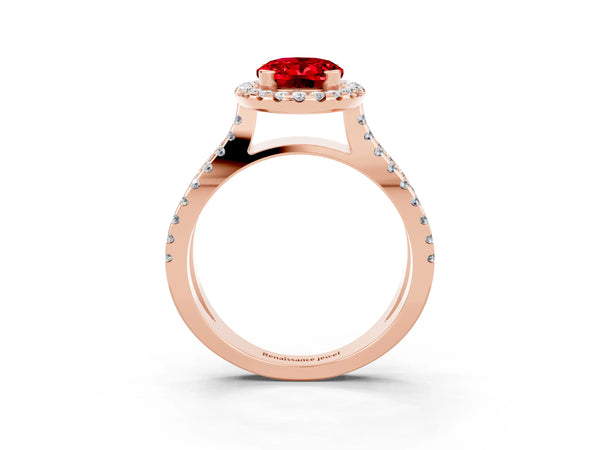 Rose gold Oval Cut Ruby Halo Ring with Split Shank Pavé Band and Prong Setting