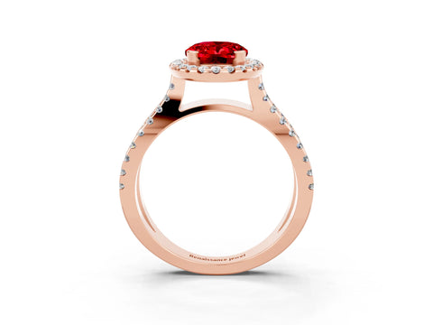 Rose gold Oval Cut Ruby Halo Ring with Split Shank Pavé Band and Prong Setting_3