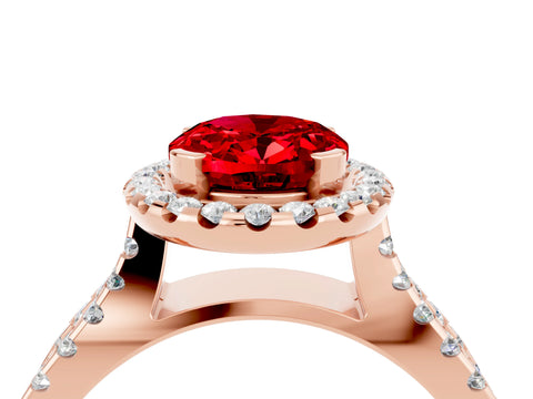 Rose gold Oval Cut Ruby Halo Ring with Split Shank Pavé Band and Prong Setting_4