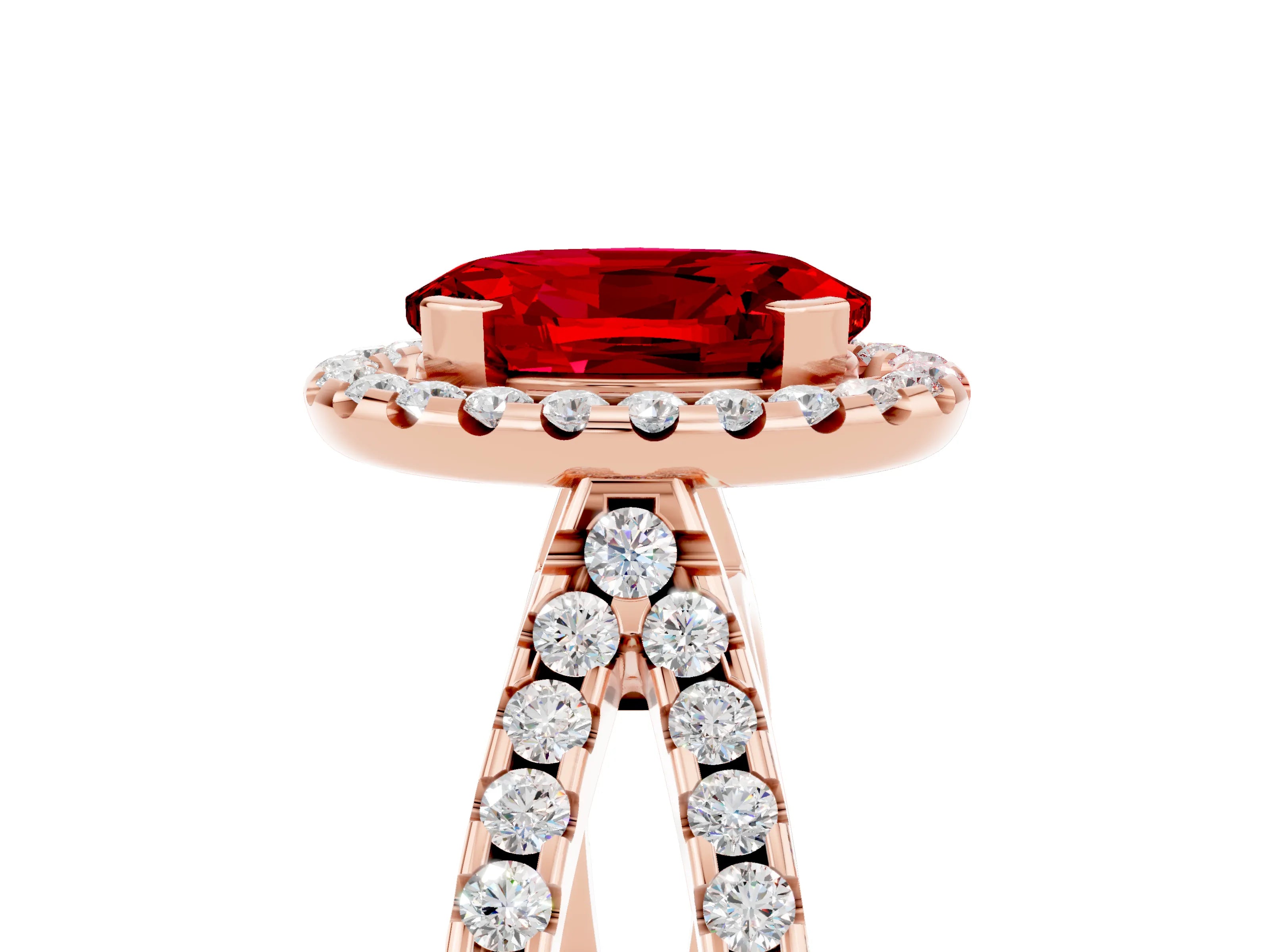 Rose gold Oval Cut Ruby Halo Ring with Split Shank Pavé Band and Prong Setting_5
