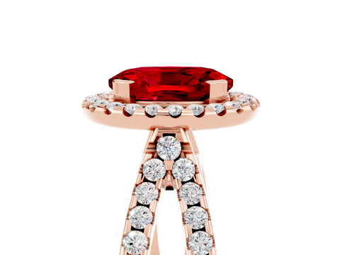 Rose gold Oval Cut Ruby Halo Ring with Split Shank Pavé Band and Prong Setting_5