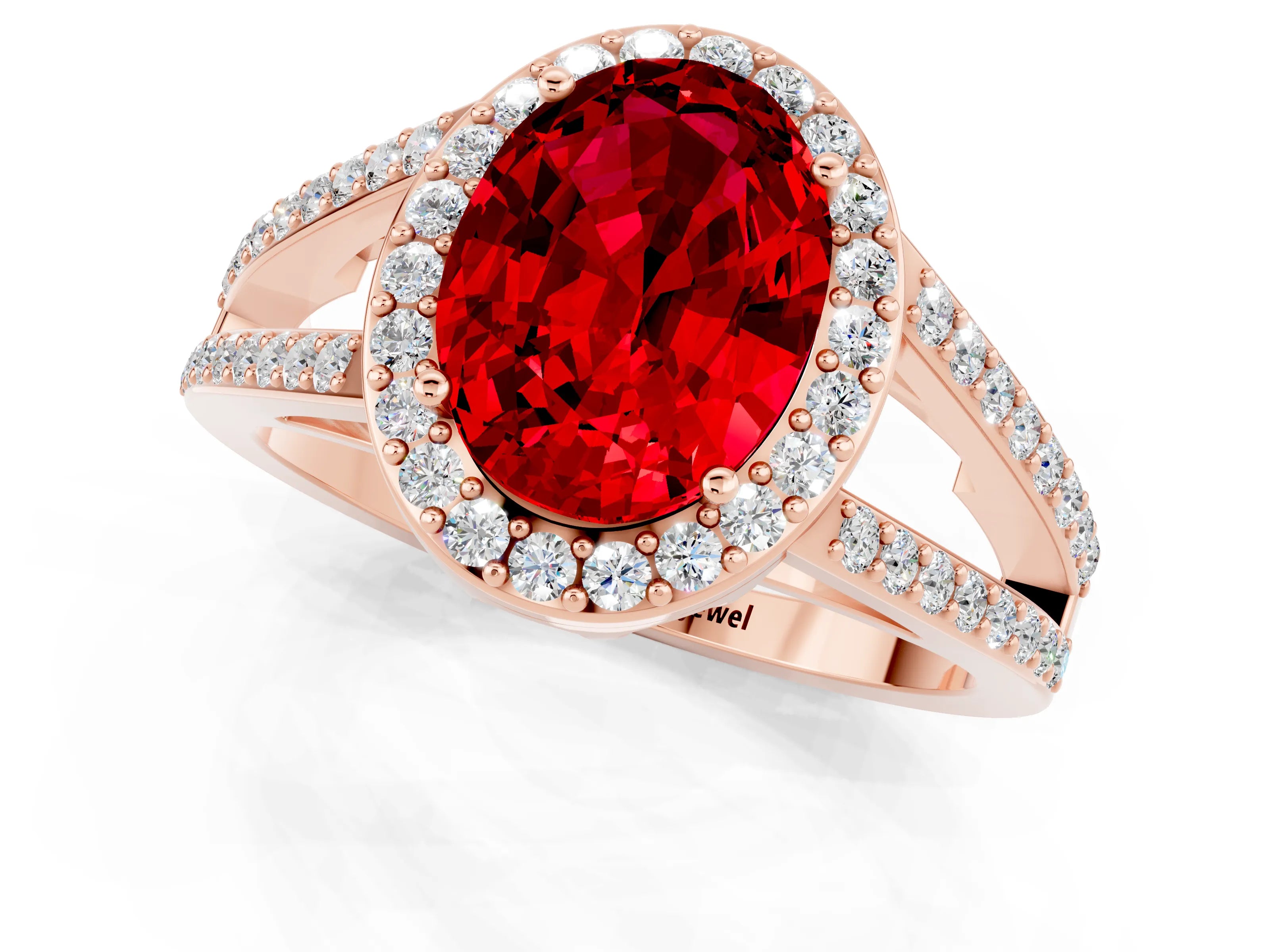 Rose gold Oval Cut Ruby Halo Ring with Split Shank U-Prong Band and Four-Prong Setting_1