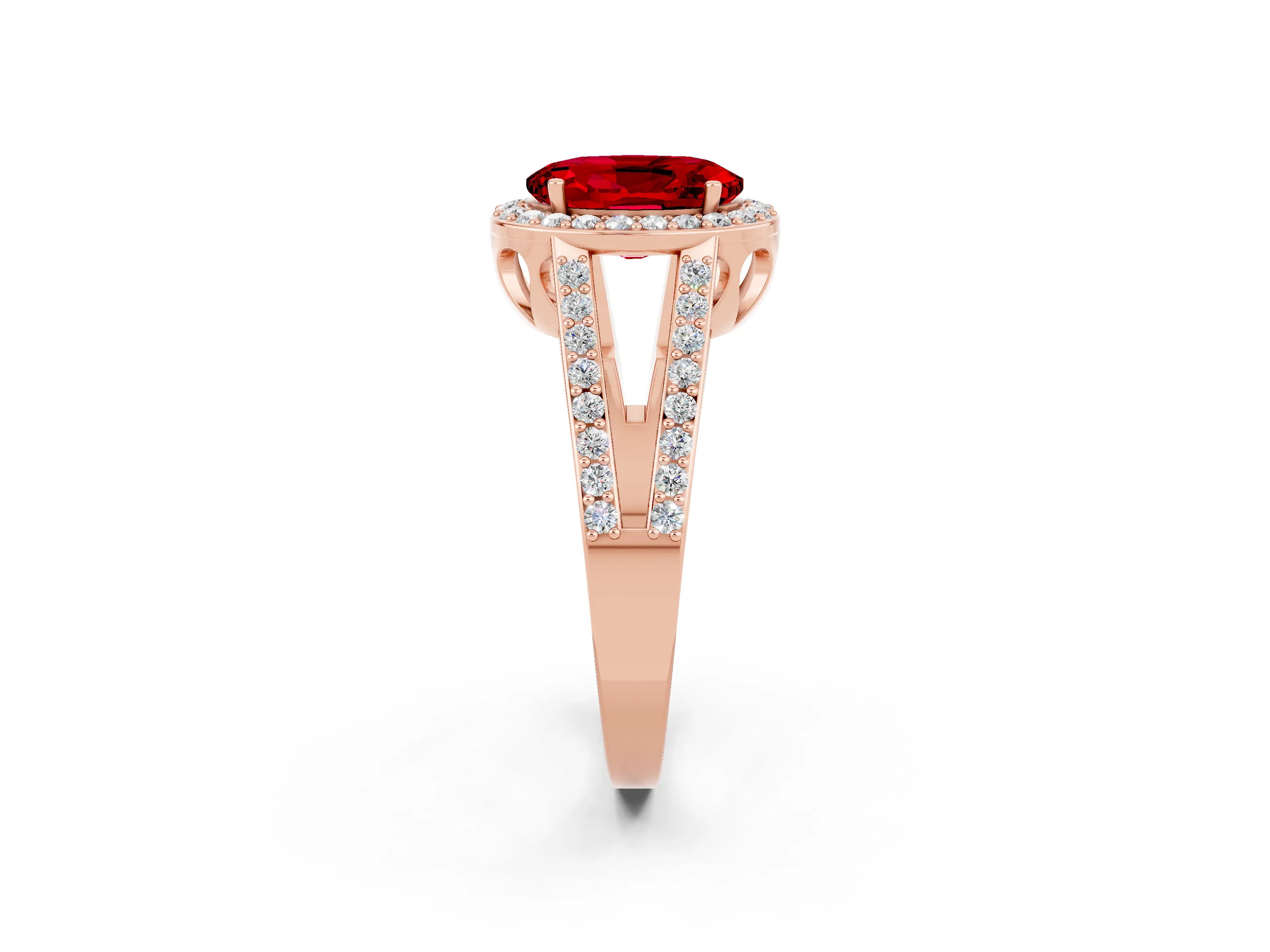 Rose gold Oval Cut Ruby Halo Ring with Split Shank U-Prong Band and Four-Prong Setting_2