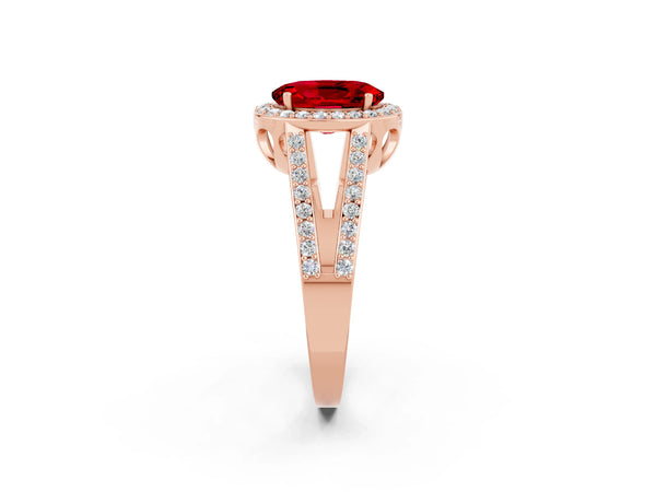 Rose gold Oval Cut Ruby Halo Ring with Split Shank U-Prong Band and Four-Prong Setting
