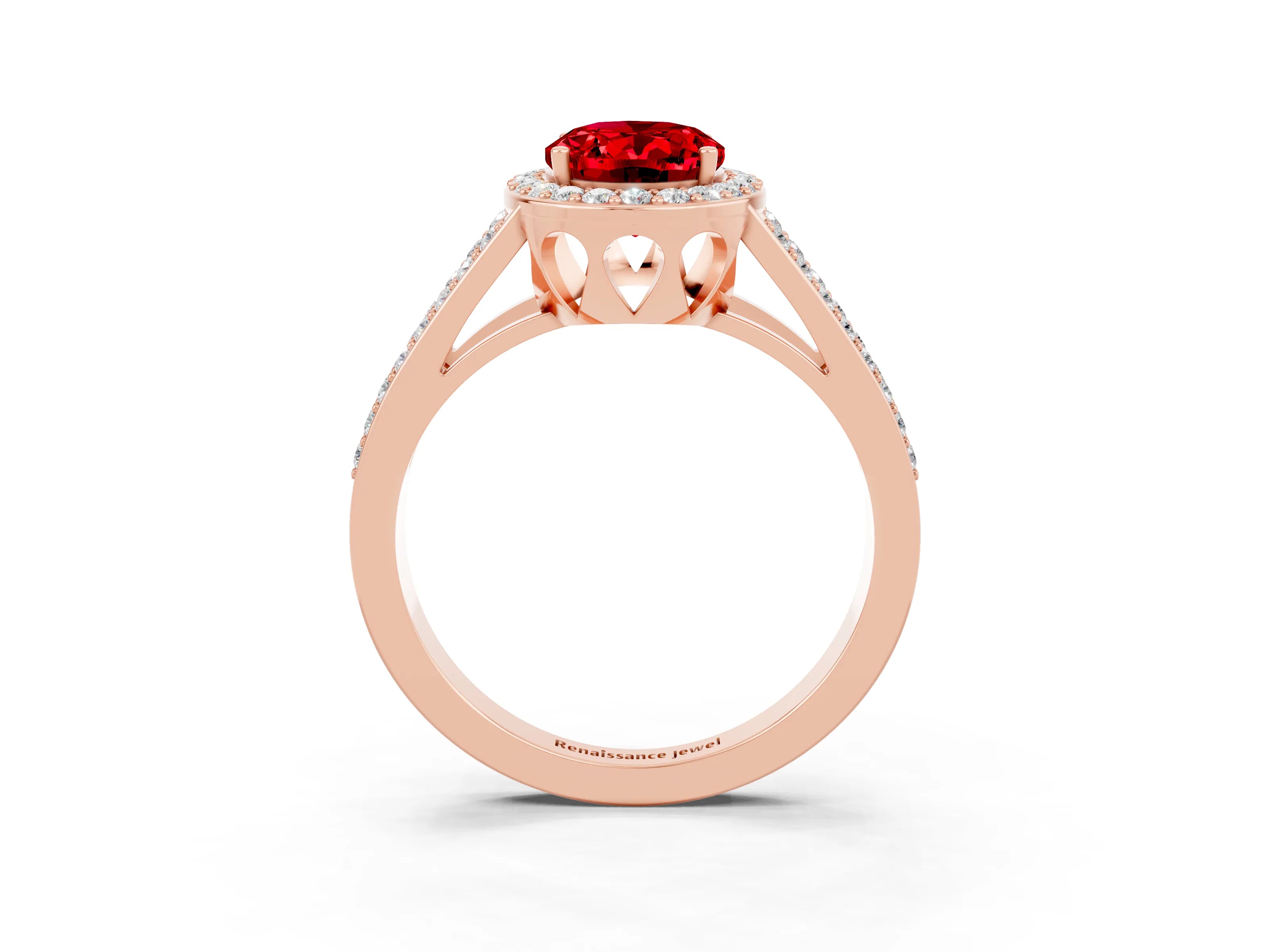 Rose gold Oval Cut Ruby Halo Ring with Split Shank U-Prong Band and Four-Prong Setting_3