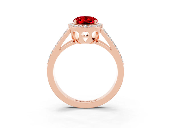 Rose gold Oval Cut Ruby Halo Ring with Split Shank U-Prong Band and Four-Prong Setting