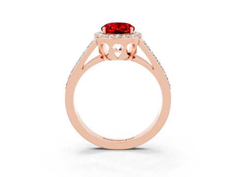 Rose gold Oval Cut Ruby Halo Ring with Split Shank U-Prong Band and Four-Prong Setting_3