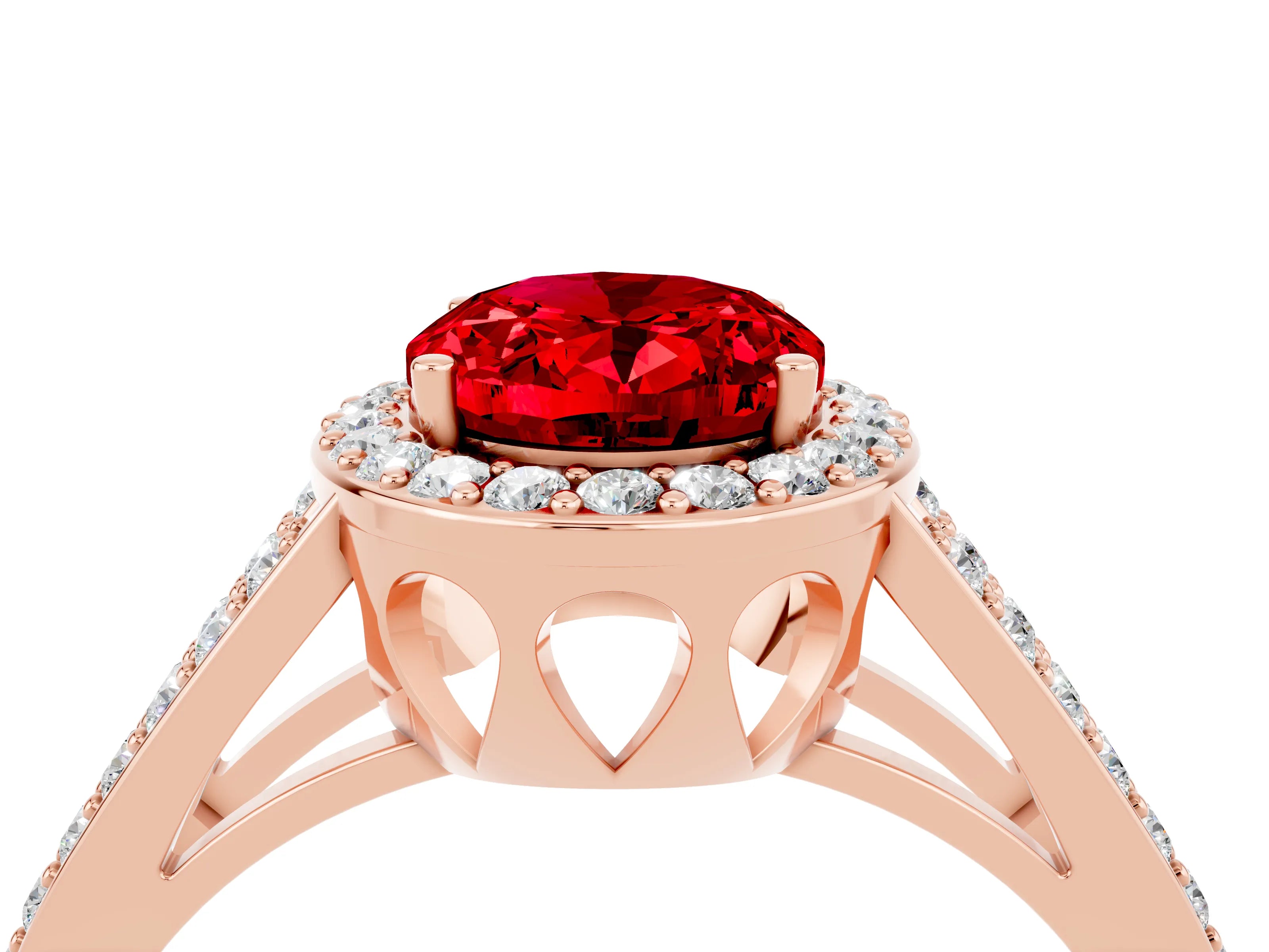 Rose gold Oval Cut Ruby Halo Ring with Split Shank U-Prong Band and Four-Prong Setting_4