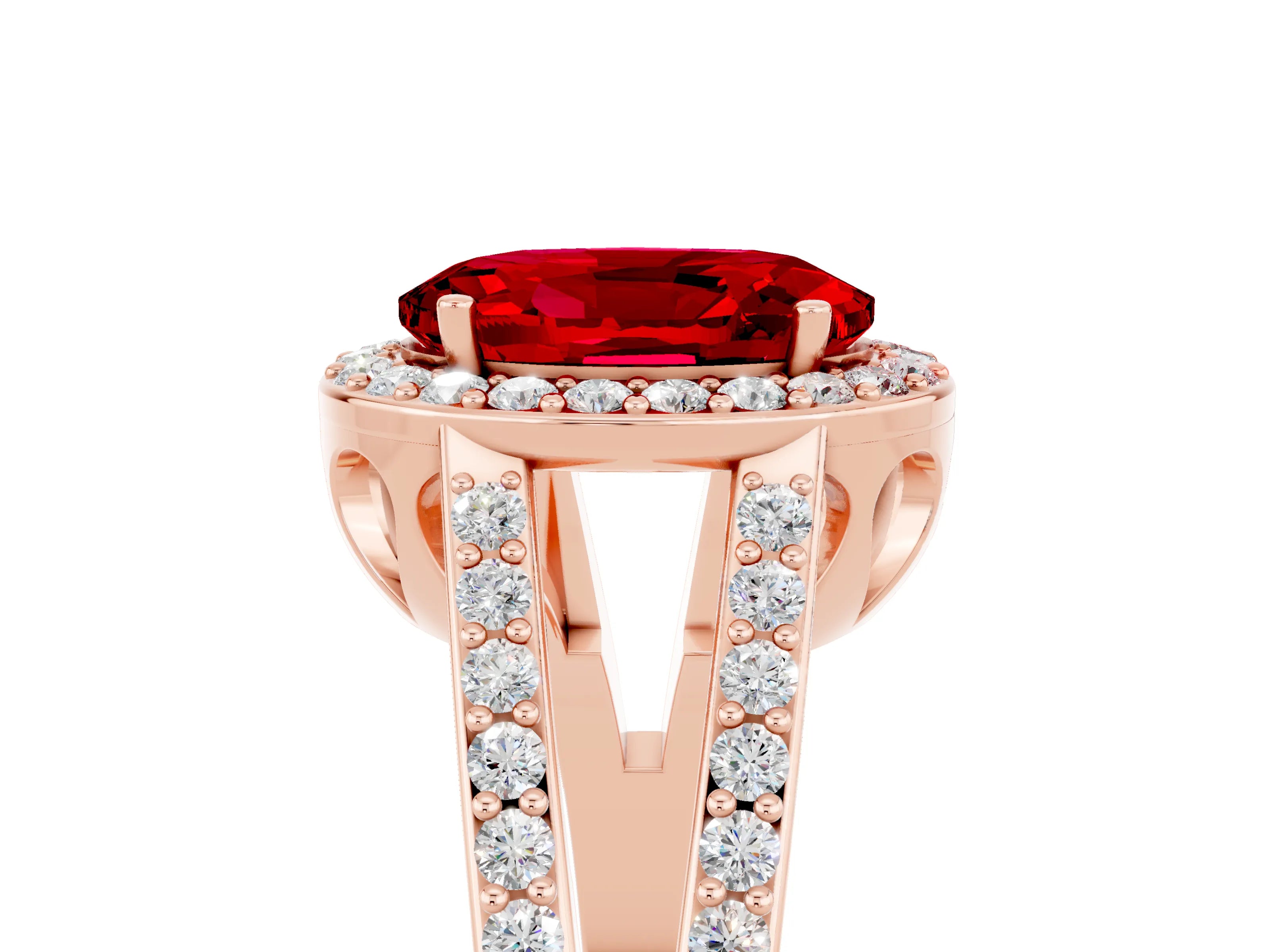 Rose gold Oval Cut Ruby Halo Ring with Split Shank U-Prong Band and Four-Prong Setting_5