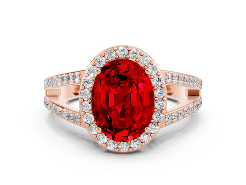 Rose gold Oval Cut Ruby Halo Ring with Split Shank U-Prong Band and Four-Prong Setting