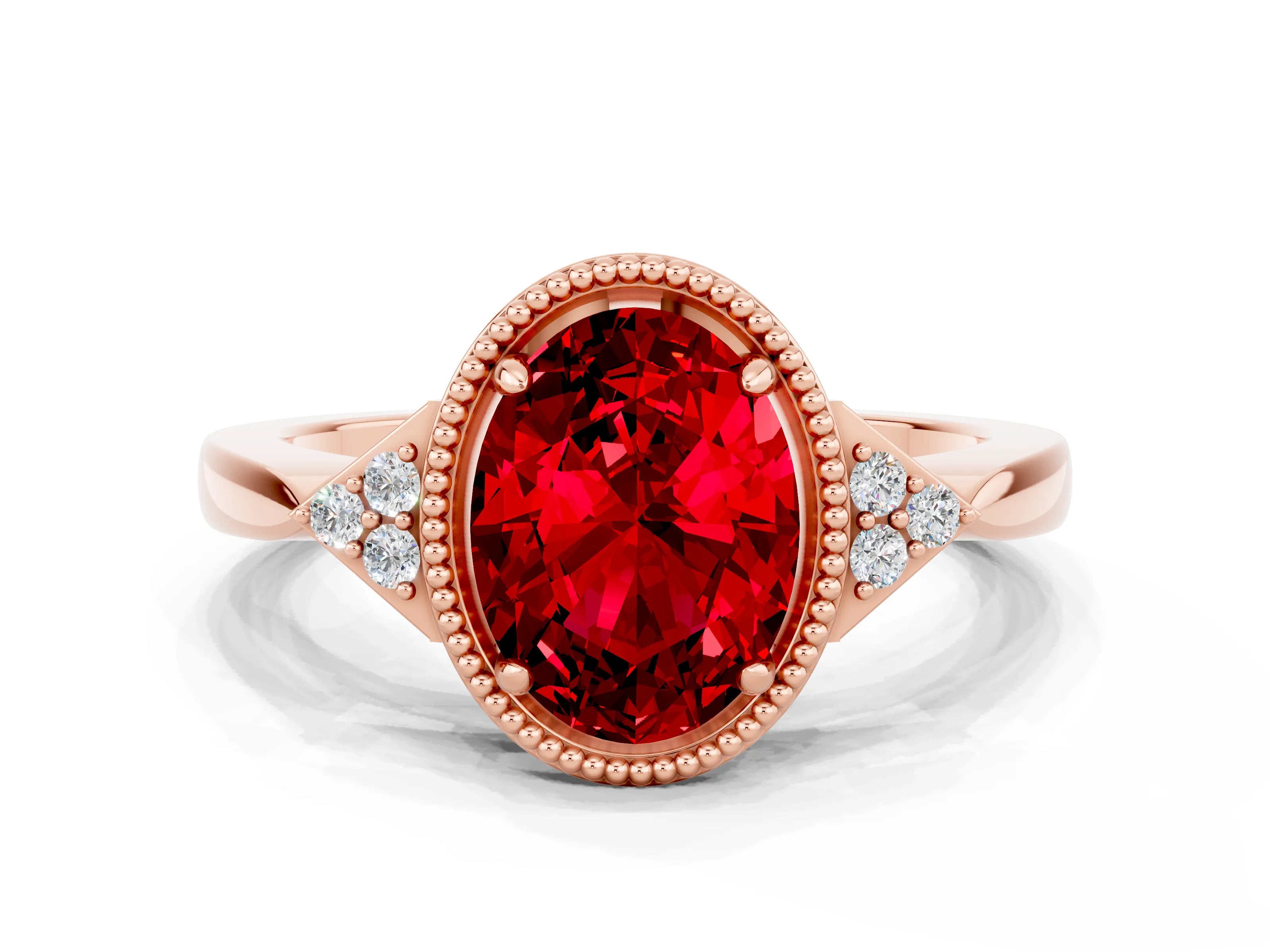 Rose gold Oval Cut Ruby Halo Ring with Tapered Band and Four-Prong Setting