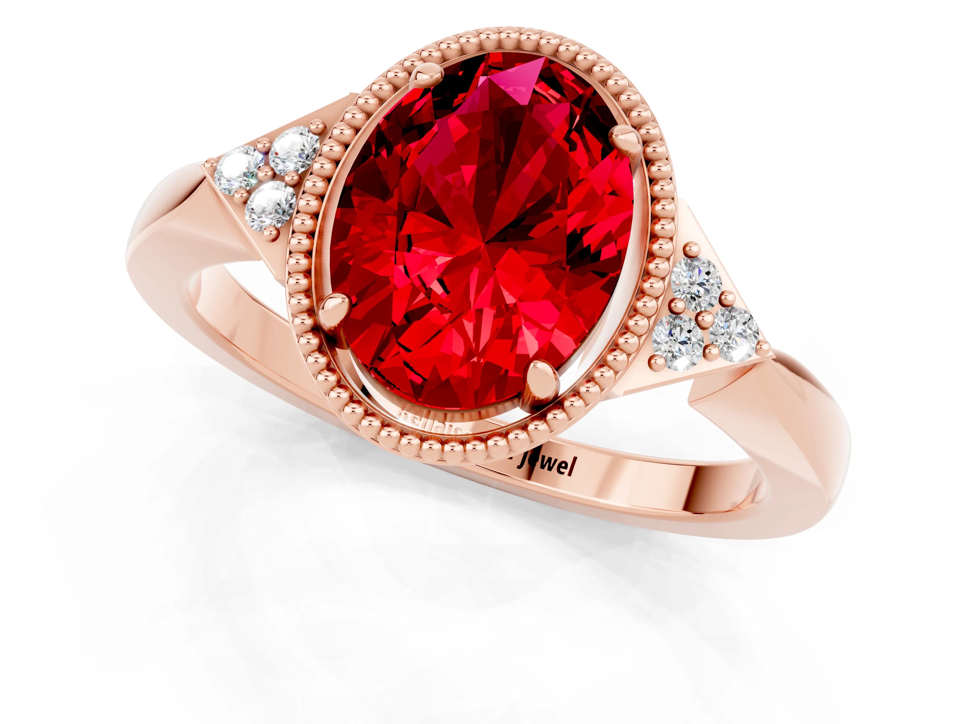 Rose gold Oval Cut Ruby Halo Ring with Tapered Band and Four-Prong Setting_1