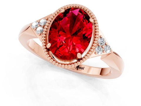 Rose gold Oval Cut Ruby Halo Ring with Tapered Band and Four-Prong Setting_1