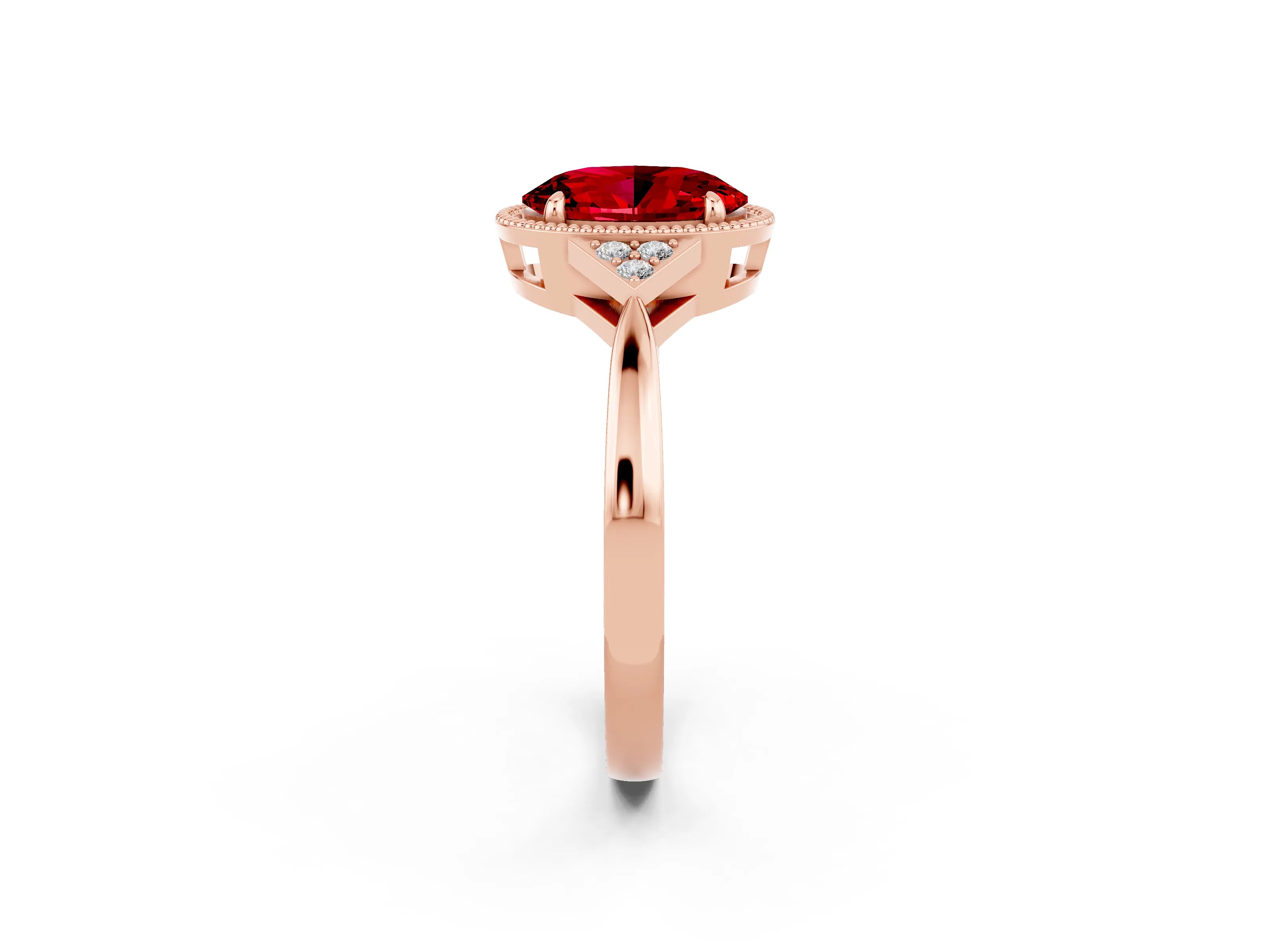 Rose gold Oval Cut Ruby Halo Ring with Tapered Band and Four-Prong Setting_2