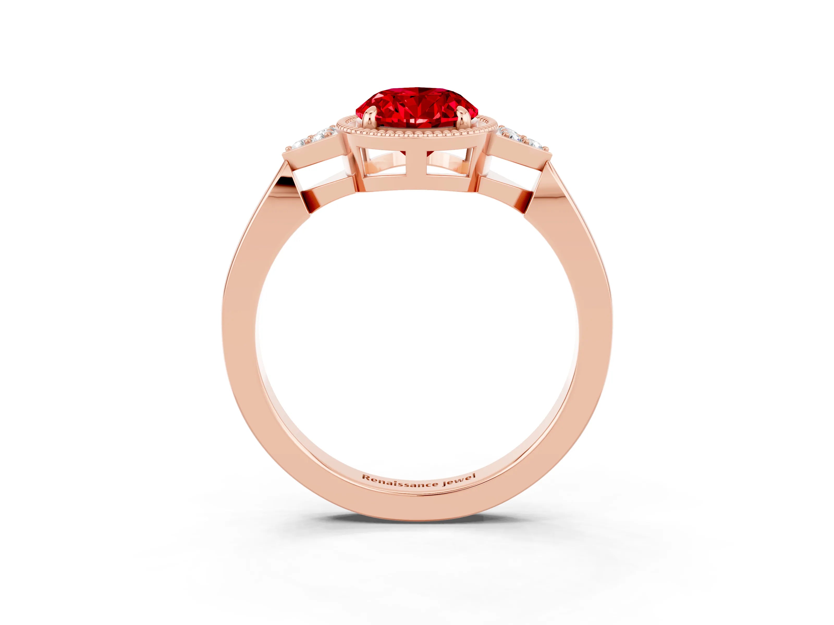 Rose gold Oval Cut Ruby Halo Ring with Tapered Band and Four-Prong Setting_3