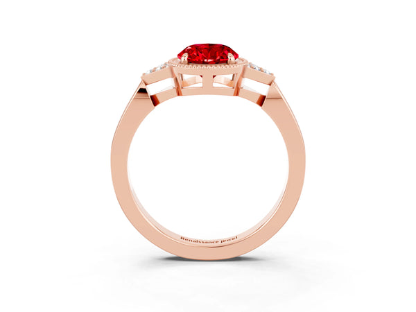 Rose gold Oval Cut Ruby Halo Ring with Tapered Band and Four-Prong Setting